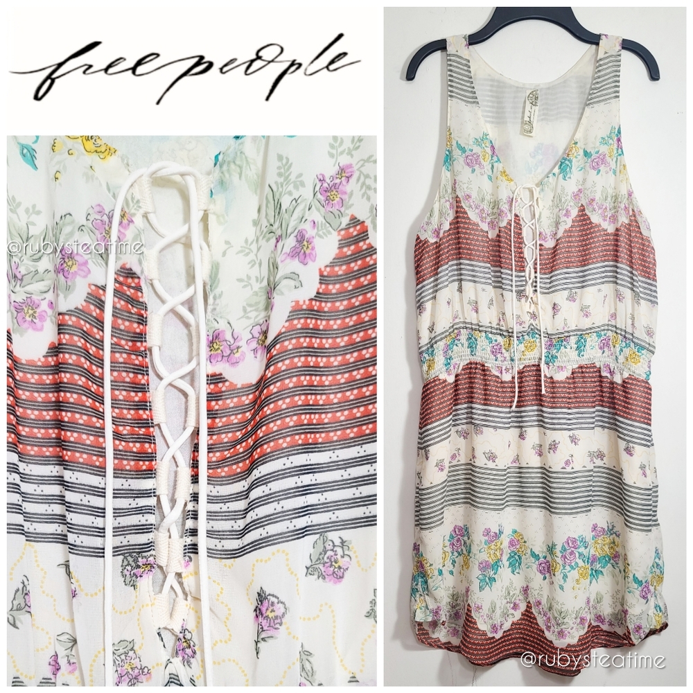 FREE PEOPLE Prairie Floral Dress, Cottage, Crisscross Drawstring,Shirred Waist
